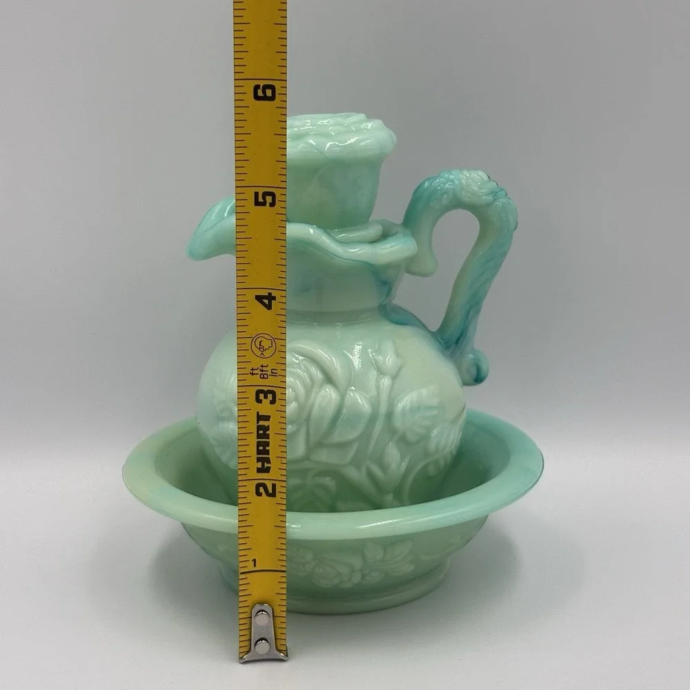 Vintage Avon Aqua Blue Jade Rose Mini Pitcher Bowl Vanity Bottle Set Grandmacore